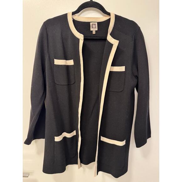 Anne Klein Open Front Black Cream Long Cotton Blend Cardigan Sweater Old Money M - Picture 1 of 5